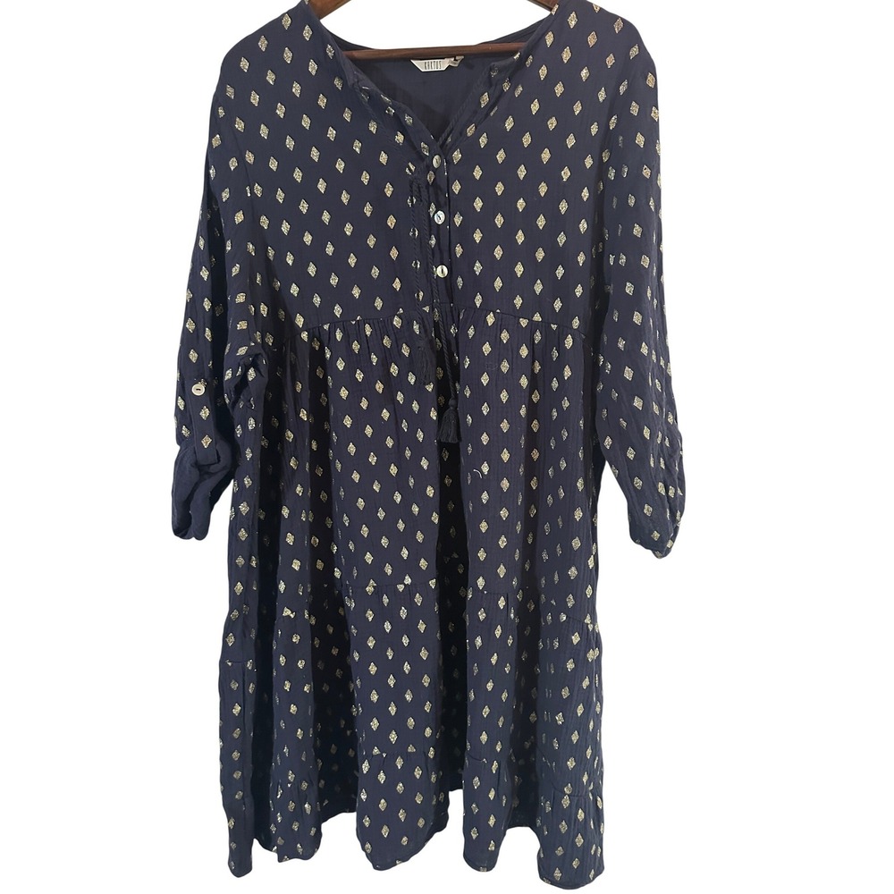 KAKTUS Navy Blue Tunic Dress‎ Metallic Diamond Print Gauzy Cotton Size XXL